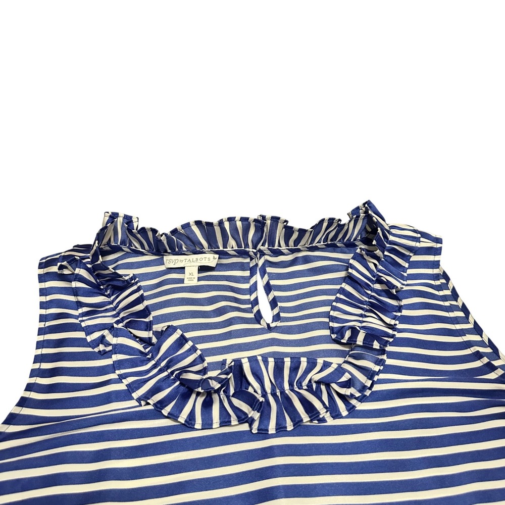Talbots RSVP Womens XL Blue White Striped Ruffle Neck Sleeveless Shell Blouse - Picture 9 of 9